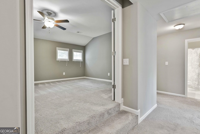 70 Pacific Ave, Sharpsburg, GA 30277 - carpeted spare room with attic access, a ceiling fan, baseboards, and lofted ceiling