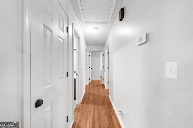 142 Poplar St SW, Calhoun, GA 30701 - hall featuring attic access, baseboards, and light wood-type flooring