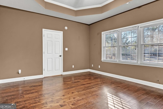 176 Fairethorne Dr, Leesburg, GA 31763 - empty room featuring ornamental molding, a raised ceiling, baseboards, and wood finished floors