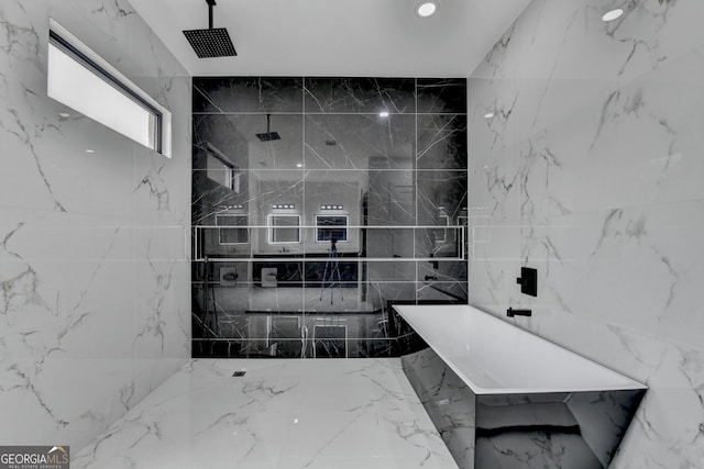 bathroom with tiled shower, a bath, and recessed lighting