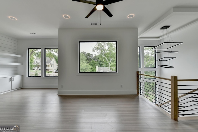 unfurnished room with recessed lighting, visible vents, and ceiling fan