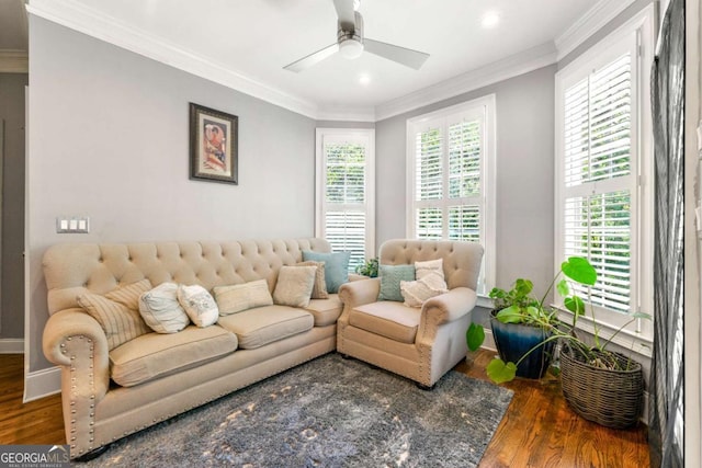 living area with a ceiling fan, recessed lighting, baseboards, crown molding, and wood finished floors