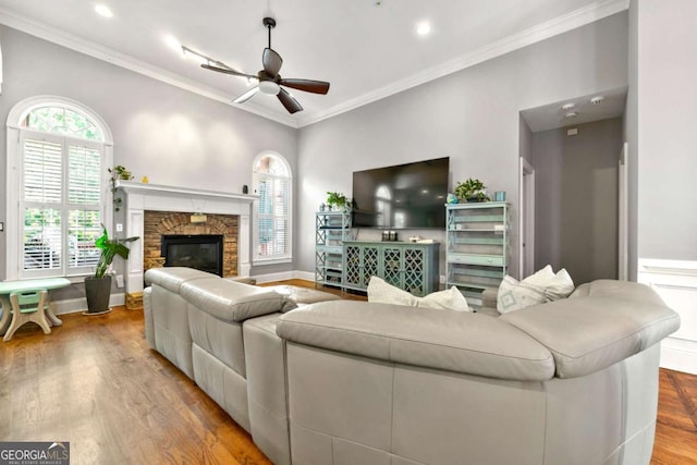 living room with crown molding, a healthy amount of sunlight, and ceiling fan