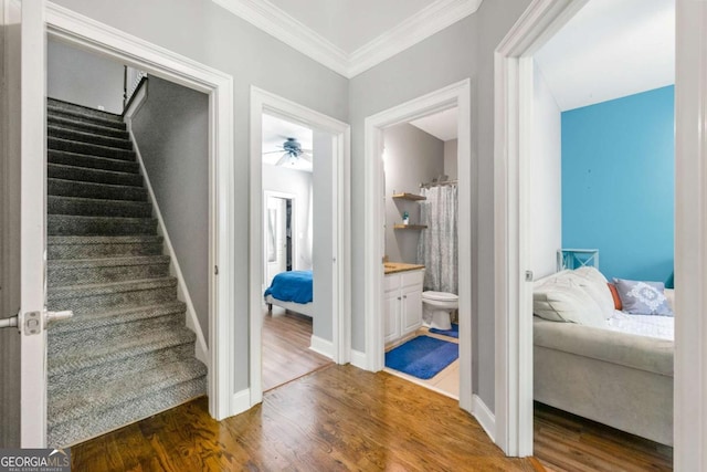 interior space with baseboards, wood finished floors, a ceiling fan, and ornamental molding