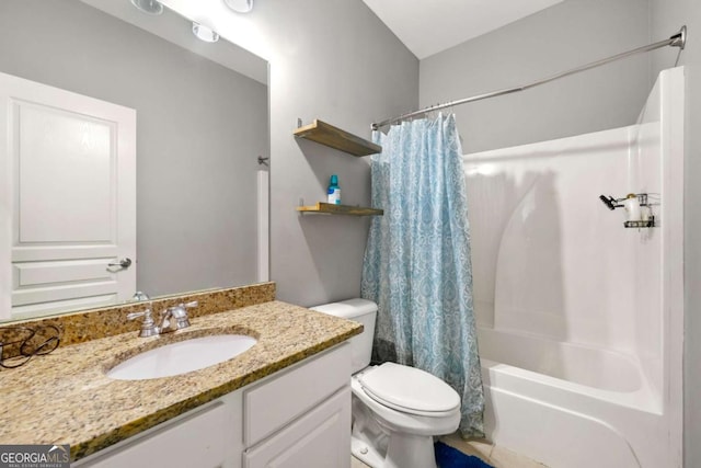 full bathroom featuring toilet, vanity, and shower / bathtub combination with curtain