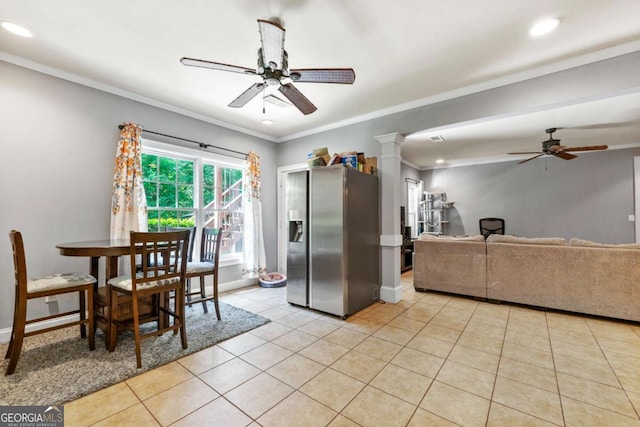 dining space featuring ceiling fan, baseboards, light tile patterned floors, and recessed lighting
