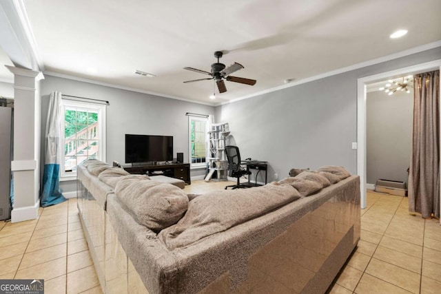 living area featuring light tile patterned floors, visible vents, a baseboard heating unit, ceiling fan, and recessed lighting