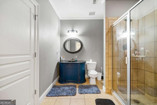 bathroom with toilet, a stall shower, crown molding, baseboards, and tile patterned flooring