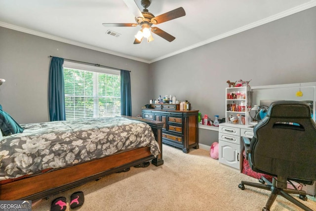 bedroom featuring light colored carpet, crown molding, a ceiling fan, and visible vents