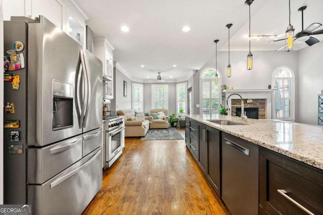 kitchen featuring a sink, stainless steel appliances, crown molding, open floor plan, and a ceiling fan