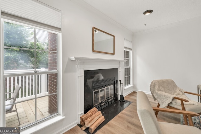 1750 Clairmont Rd Unit 32, Decatur, GA 30033 - living area featuring crown molding, wood finished floors, and a fireplace with flush hearth