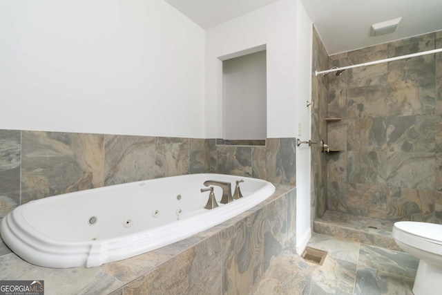 3781 Cherokee Trl, Suwanee, GA 30024 - full bathroom featuring a whirlpool tub, tiled shower, and marble finish flooring