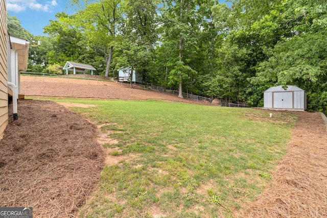 3781 Cherokee Trl, Suwanee, GA 30024 - view of yard featuring a storage shed and view of wooded area