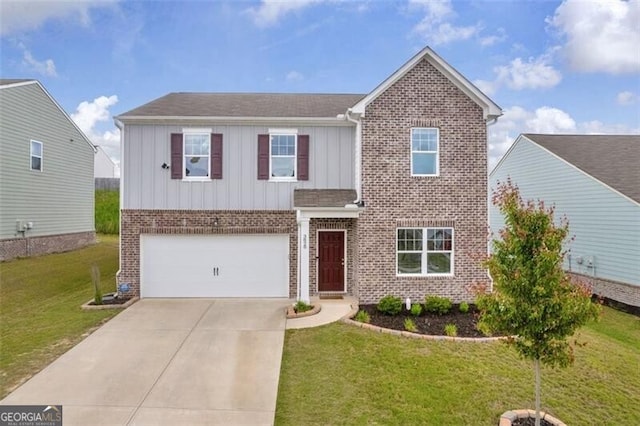 3828 Ramsay Pass, Loganville, GA 30052 - traditional home with board and batten siding, brick siding, a garage, concrete driveway, and a front yard