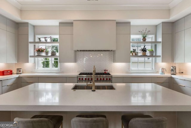 316 S Esplanade, Alpharetta, GA 30009 - kitchen with modern cabinets, open shelves, gray cabinets, and premium range hood