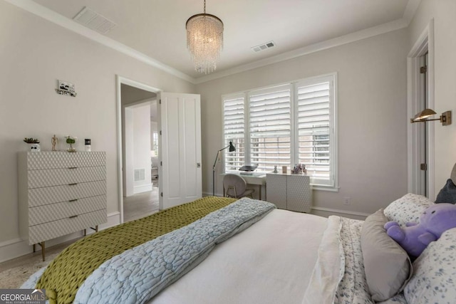 316 S Esplanade, Alpharetta, GA 30009 - bedroom featuring crown molding, baseboards, visible vents, and a chandelier