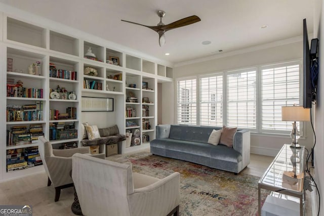 316 S Esplanade, Alpharetta, GA 30009 - living area featuring a ceiling fan, visible vents, crown molding, and wood finished floors