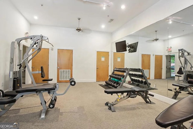 workout area featuring carpet flooring, visible vents, baseboards, ceiling fan, and recessed lighting