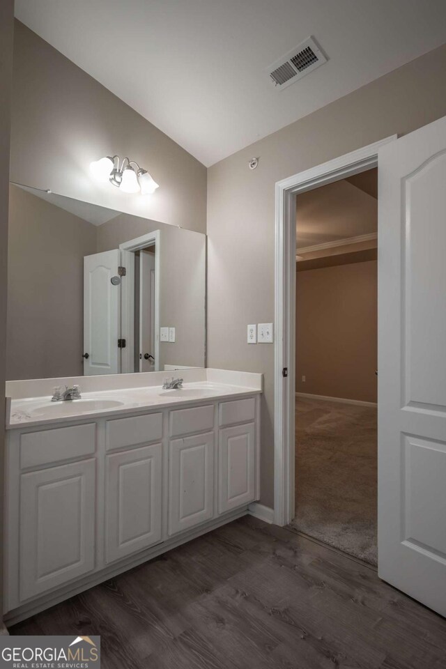 96 Portico Pl, Newnan, GA 30265 - bathroom featuring baseboards, visible vents, a sink, double vanity, and wood finished floors