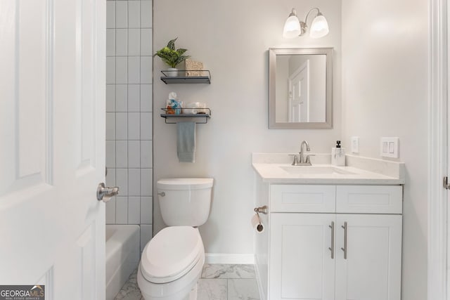 5830 Wilbanks Dr, Peachtree Corners, GA 30092 - full bathroom featuring marble look tiles, vanity, toilet, baseboards, and tub / shower combination