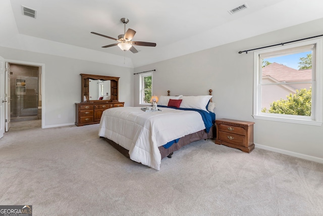 5830 Wilbanks Dr, Peachtree Corners, GA 30092 - bedroom with light carpet, baseboards, ensuite bathroom, and ceiling fan
