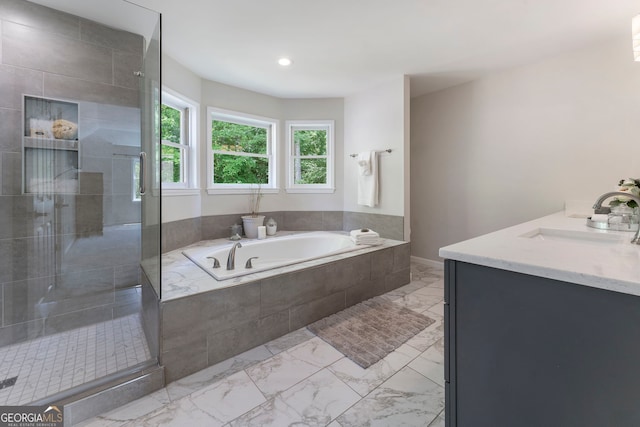 5830 Wilbanks Dr, Peachtree Corners, GA 30092 - bathroom with marble finish floors, a shower stall, a bath, recessed lighting, and vanity