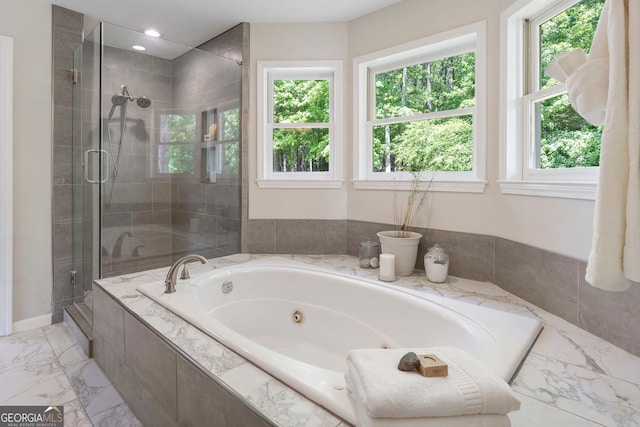 5830 Wilbanks Dr, Peachtree Corners, GA 30092 - full bathroom with a shower stall, plenty of natural light, a tub with jets, and marble finish flooring