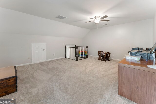 5830 Wilbanks Dr, Peachtree Corners, GA 30092 - bonus room with a ceiling fan, light colored carpet, lofted ceiling, and baseboards