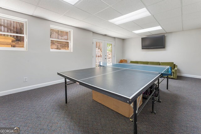 5830 Wilbanks Dr, Peachtree Corners, GA 30092 - recreation room with french doors, carpet floors, a drop ceiling, and baseboards
