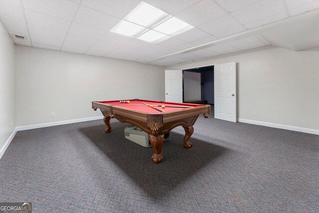 5830 Wilbanks Dr, Peachtree Corners, GA 30092 - recreation room featuring billiards table, baseboards, carpet flooring, and a paneled ceiling
