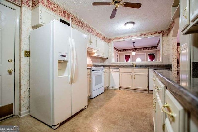 1181 Angelia Dr SW, Mableton, GA 30126 - kitchen featuring a ceiling fan, dark countertops, white cabinets, a textured ceiling, and white appliances