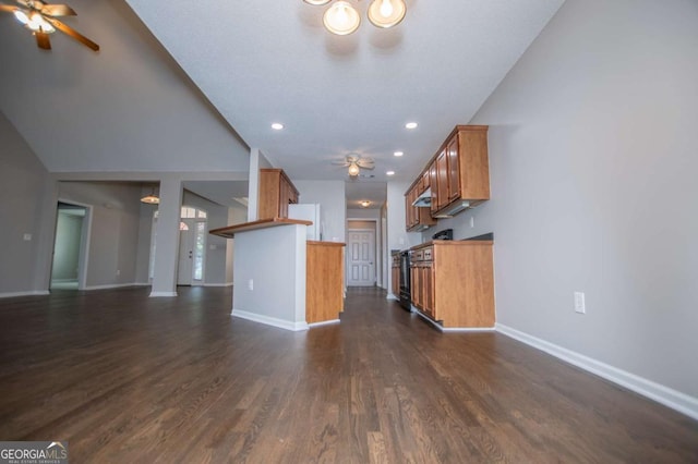 unfurnished living room with a ceiling fan, baseboards, recessed lighting, and dark wood-style floors