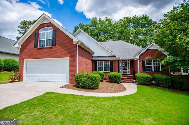 view of front of home with a front lawn, brick siding, an attached garage, and concrete driveway