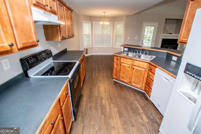 kitchen featuring a sink, white appliances, dark wood finished floors, under cabinet range hood, and a chandelier