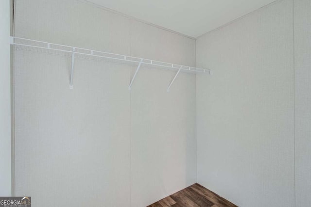 walk in closet with dark wood-style floors