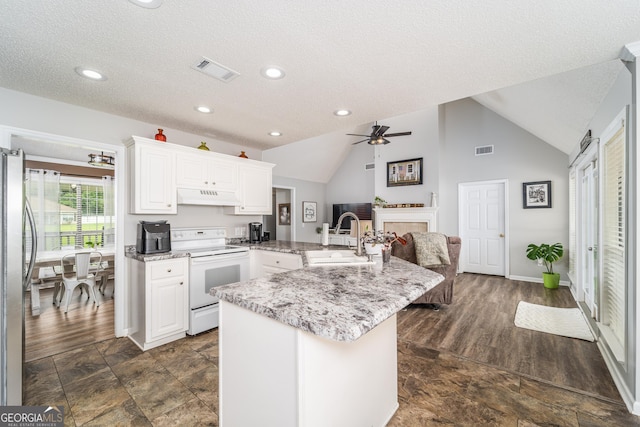 3808 Deer Run Dr, Blackshear, GA 31516 - kitchen featuring a sink, visible vents, under cabinet range hood, and electric range
