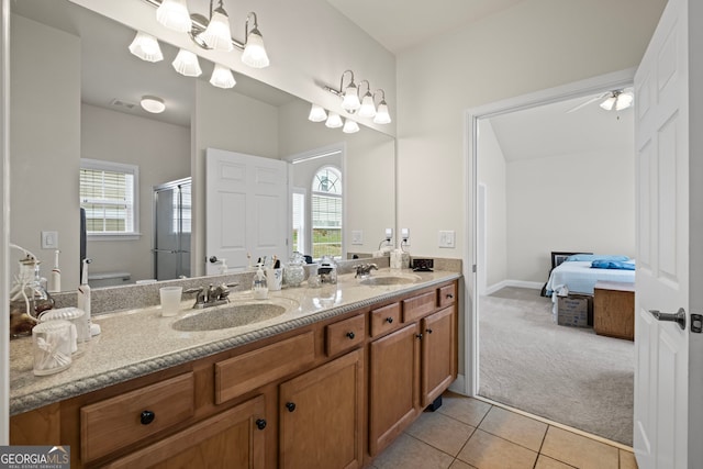 329 Acuba Vw, Woodstock, GA 30188 - bathroom with double vanity, a stall shower, ensuite bath, tile patterned floors, and healthy amount of natural light