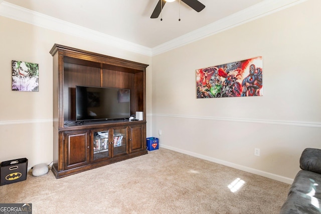 6280 Stillwood Ln, Cumming, GA 30041 - carpeted living area featuring ornamental molding, a ceiling fan, and baseboards