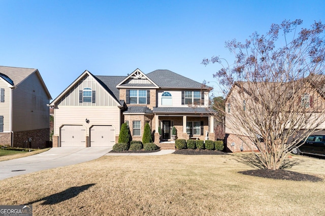6280 Stillwood Ln, Cumming, GA 30041 - craftsman inspired home featuring concrete driveway, board and batten siding, an attached garage, a front yard, and a porch