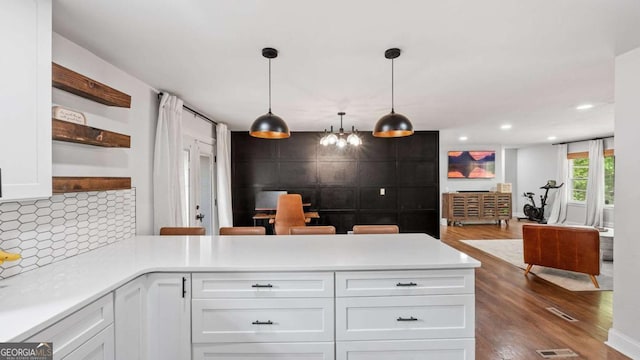 715 Wood Valley Rd, Mableton, GA 30126 - kitchen with a peninsula, white cabinetry, dark wood-style floors, open shelves, and recessed lighting