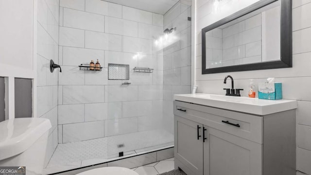 715 Wood Valley Rd, Mableton, GA 30126 - bathroom with tiled shower, vanity, and toilet