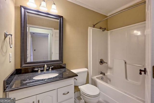 bathroom featuring toilet, washtub / shower combination, vanity, and crown molding