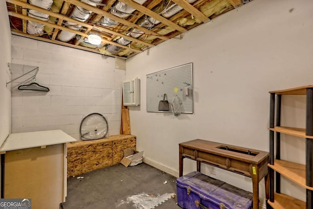 miscellaneous room featuring concrete floors and concrete block wall