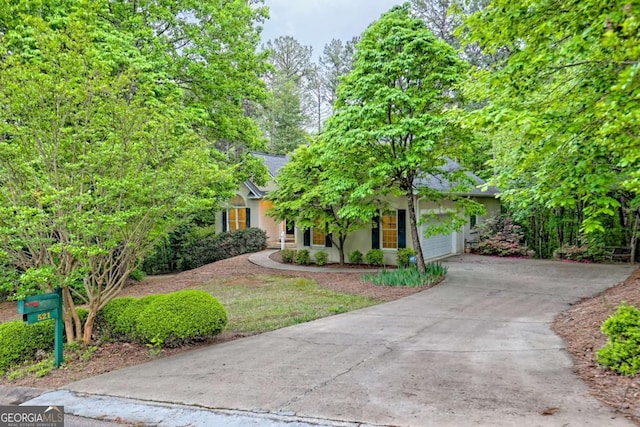 view of property hidden behind natural elements with concrete driveway, stucco siding, and an attached garage
