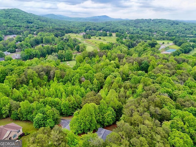 aerial view featuring a forest view and a mountain view