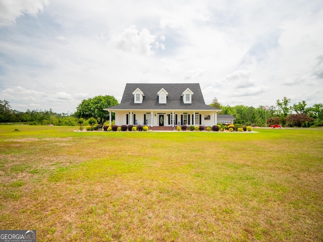 farmhouse-style home with covered porch and a front lawn