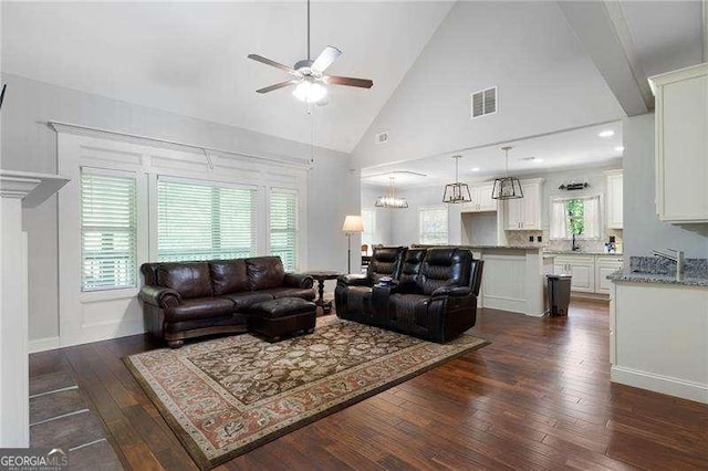 42 Treemont Dr SE, Cartersville, GA 30121 - living room with ceiling fan, dark wood finished floors, and high vaulted ceiling