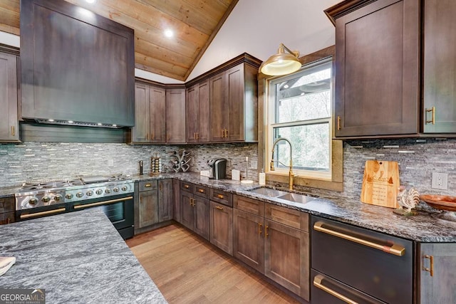 kitchen featuring lofted ceiling, range with two ovens, a sink, extractor fan, and light wood-type flooring