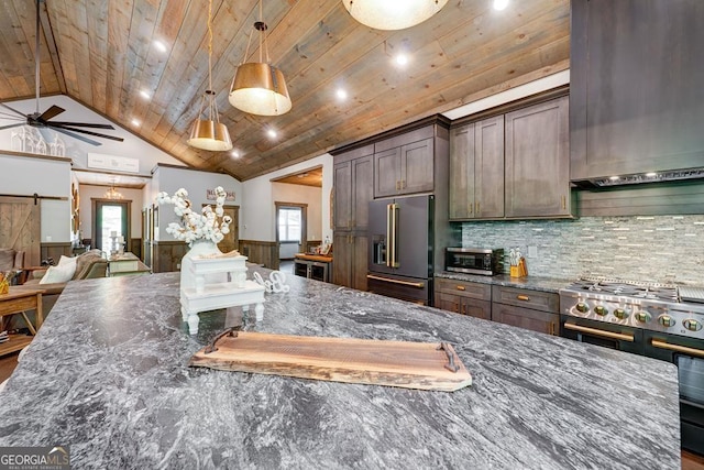 kitchen with premium appliances, wainscoting, ceiling fan, wood ceiling, and backsplash