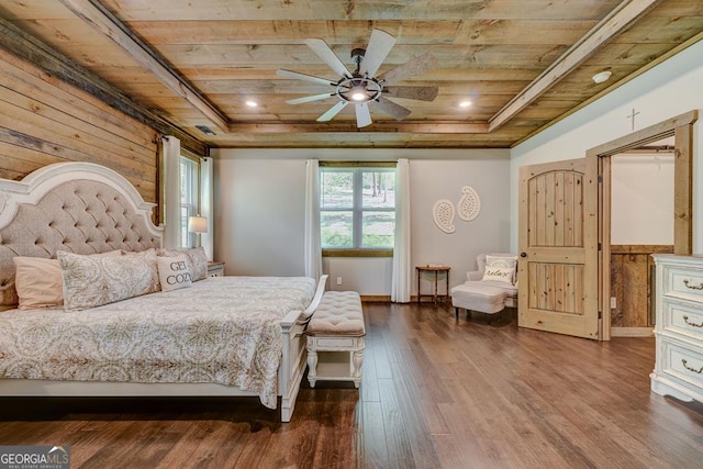 bedroom featuring visible vents, wood ceiling, and dark wood-type flooring